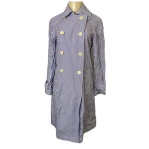 J Crew Blue White Stripe Trench Coat Double Breasted Size 0 XS NO BELTED
